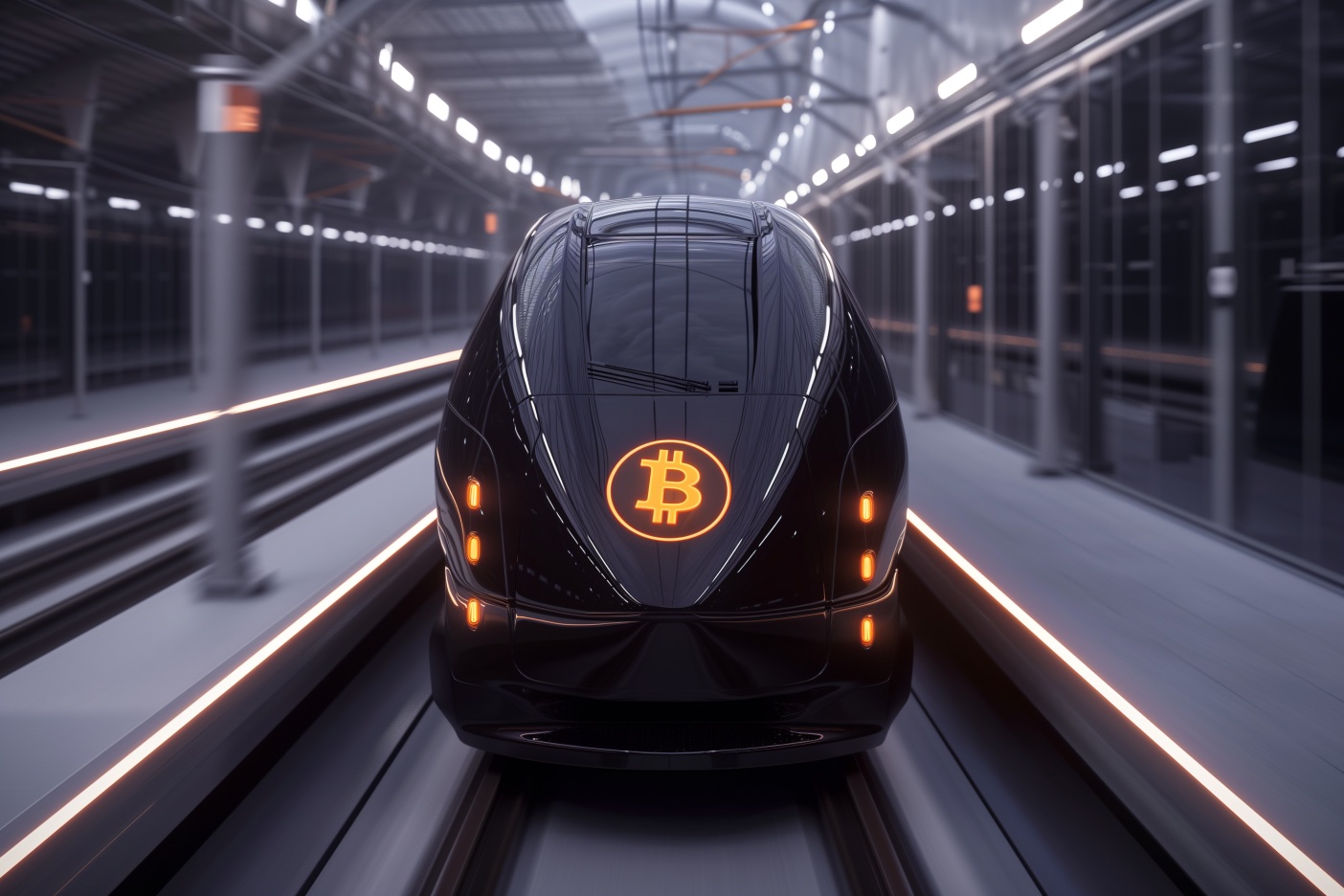 Ein schwarzer Zug mit einem Bitcoin-Logo.